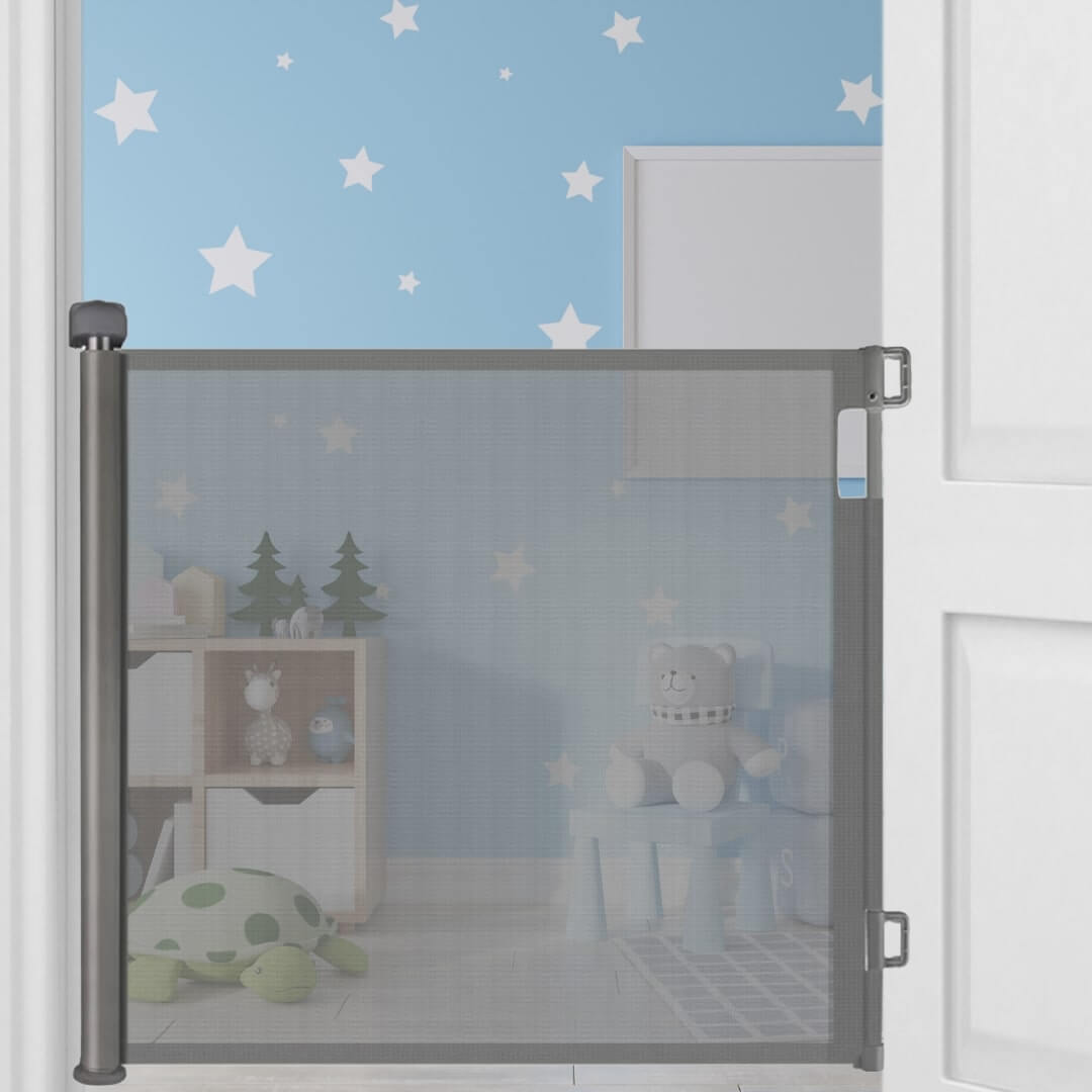 Exclusive Gift: Baby Safety Door Barrier for Your Home, installed in a child's room with decorative stars.