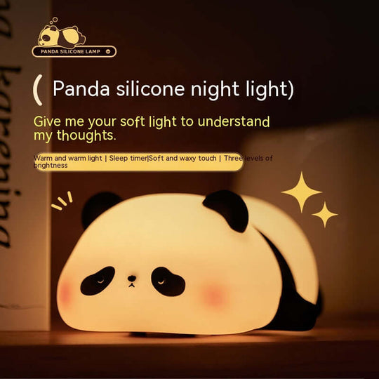 Cute panda silicone night light for kids with adjustable brightness and timer features, providing a soft glow for bedtime.