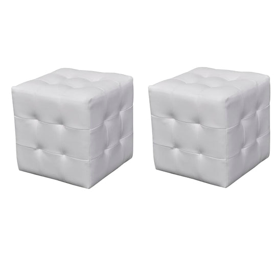 Stylish white cubed stools made of durable synthetic leather, perfect for seating, footrests, or outdoor lounge areas.