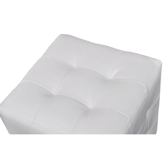 White cubed stool in synthetic leather, versatile for seating or as a footstool, perfect for stylish living spaces.