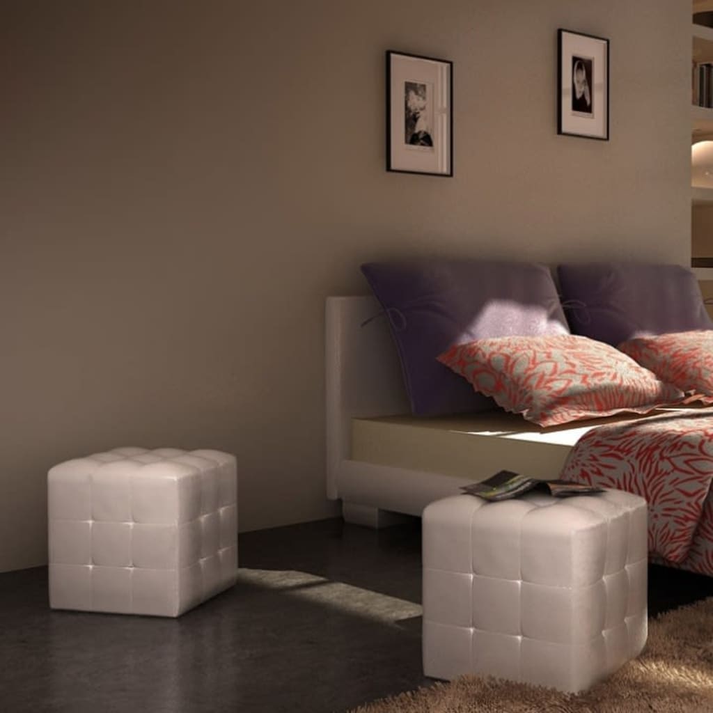 Modern white cubed stools in a stylish bedroom setting, ideal for versatile seating and enhancing home decor.