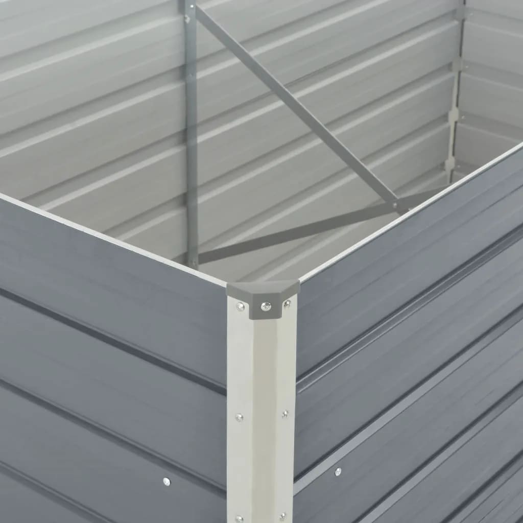 Galvanised steel raised garden bed with interior support brackets, ideal for outdoor spaces like patios and balconies.