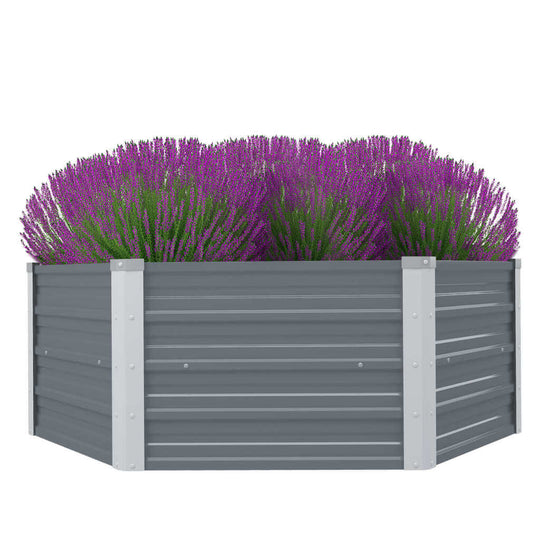 Galvanised steel hexagon raised garden bed filled with vibrant purple lavender flowers. Ideal for plants and drainage.