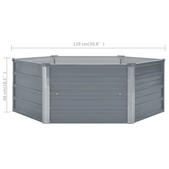 Galvanised steel hexagon raised garden bed dimensions 129x129x46 cm, ideal for plants and flowers, with open bottom for drainage.