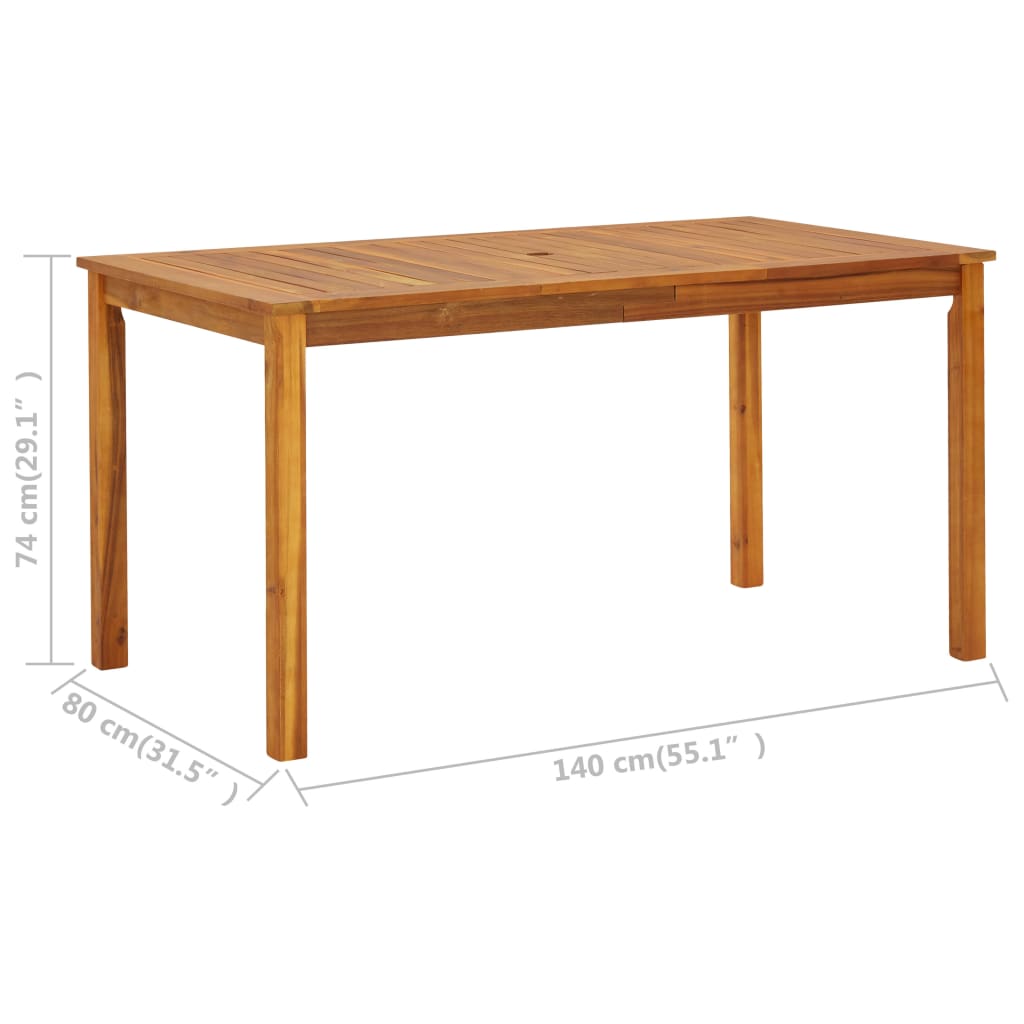 Solid acacia wood garden table, 140x80x74 cm, perfect for outdoor furniture and enhancing rustic charm in gardens or patios.