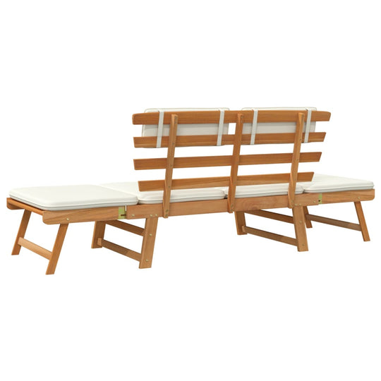 Garden bench with cushions, solid acacia wood, convertible lounger, outdoor furniture for patio or garden.