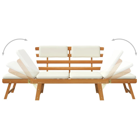 Garden bench with adjustable sides and cushions, transforming into a sun bed, made of solid acacia wood.