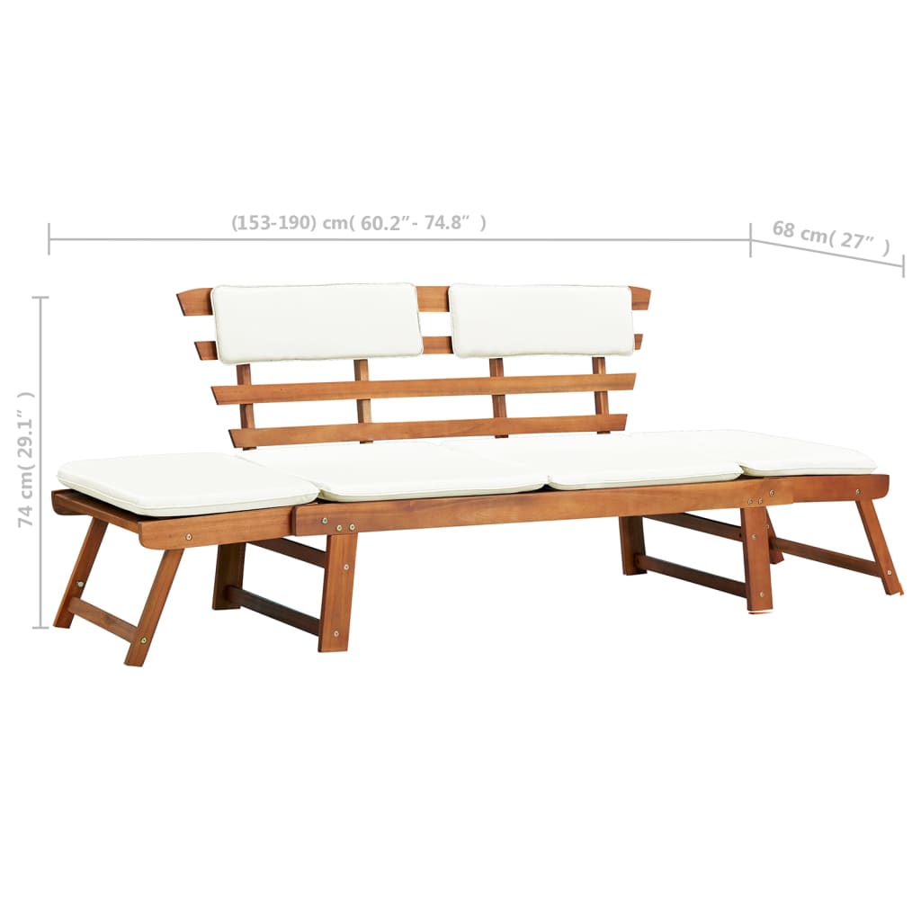 Garden bench with removable cushions, adjustable sides, solid acacia wood, perfect for outdoor lounging and comfort.