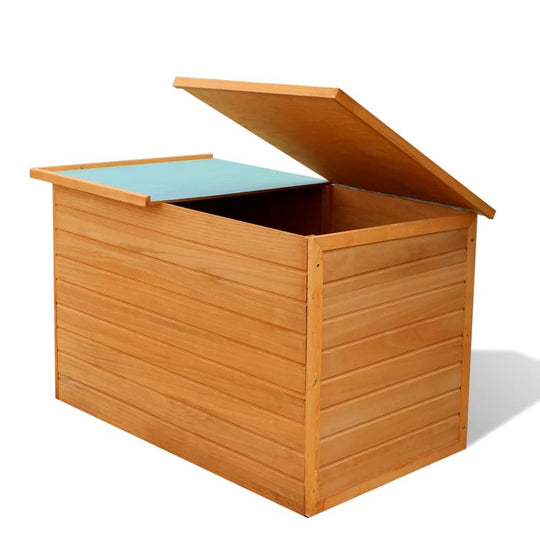 Waterproof wooden garden storage box for cushions and outdoor furniture, featuring a blue roof and durable design.