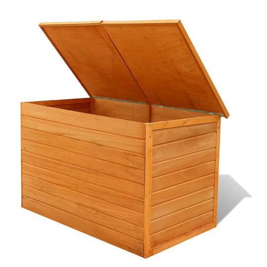 Waterproof wooden storage box with an open lid, ideal for cushions and outdoor furniture storage in gardens or patios.