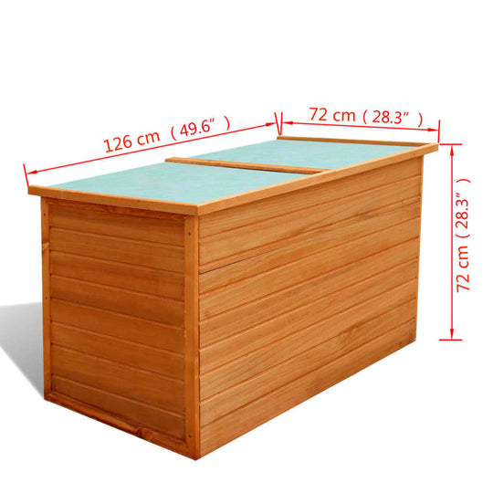 Wooden garden storage box 126x72x72 cm with waterproof roof for outdoor furniture, perfect for cushions and blankets.