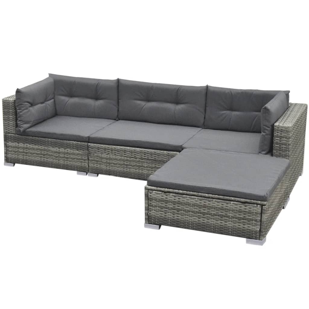 5 Piece Garden Lounge Set with Cushions in Grey Poly Rattan, perfect for outdoor furniture and patio relaxation.