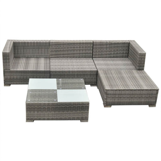 5 Piece grey poly rattan garden lounge set with cushions, outdoor furniture for patios and gardens.