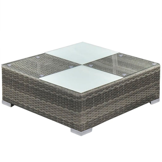 Square coffee table made of grey poly rattan with glass top, perfect for outdoor lounge and garden furniture.