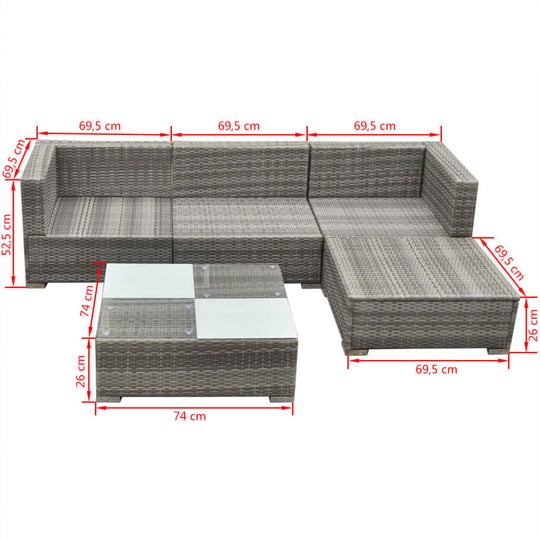 5 Piece Garden Lounge Set with Cushions in Poly Rattan Grey, featuring dimensions for each piece, perfect for outdoor furniture.