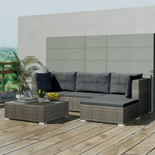 5 Piece Garden Lounge Set with Grey Cushions, durable poly rattan outdoor furniture for patios and gardens.