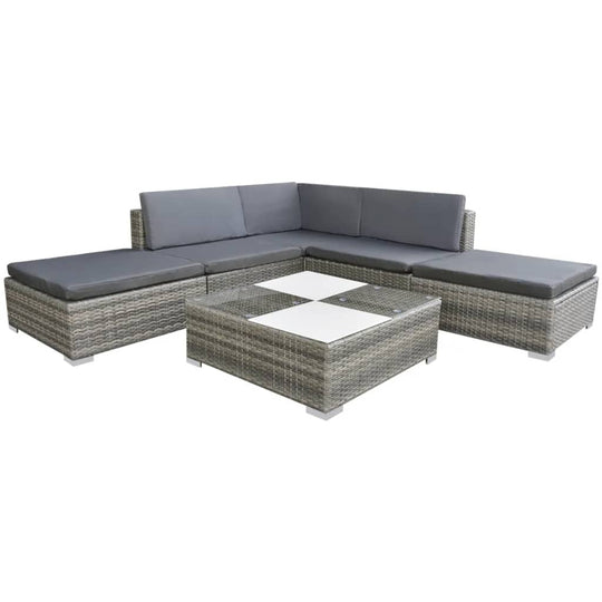 6 piece grey poly rattan garden lounge set with cushions, perfect outdoor furniture for patios and gardens.