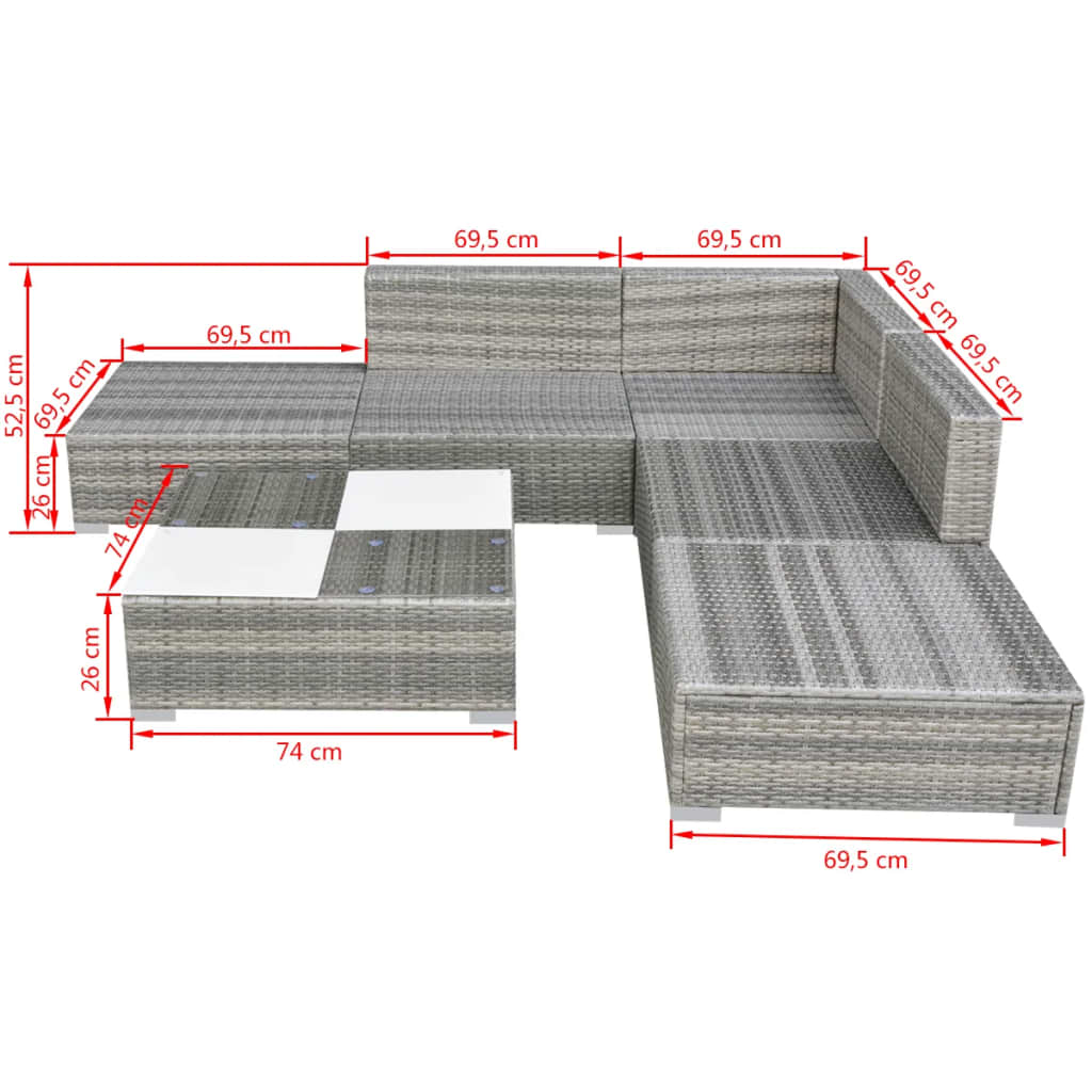 6 piece grey poly rattan garden lounge set with measurements for outdoor furniture, featuring sofa, bench, and coffee table.