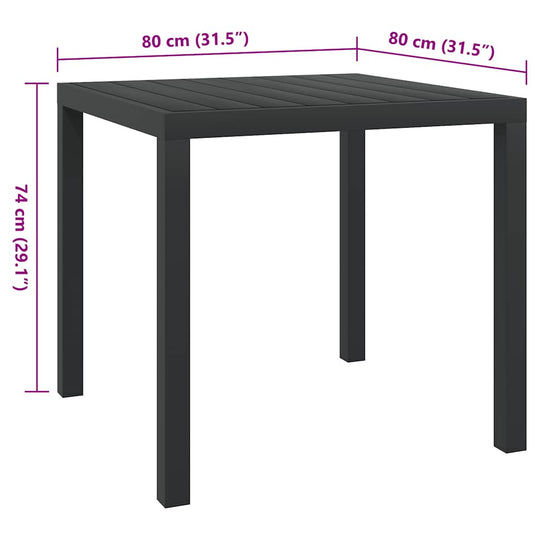 Garden Table 80x80x74 cm Aluminium and WPC with black weather-resistant design and dimensions illustrated.