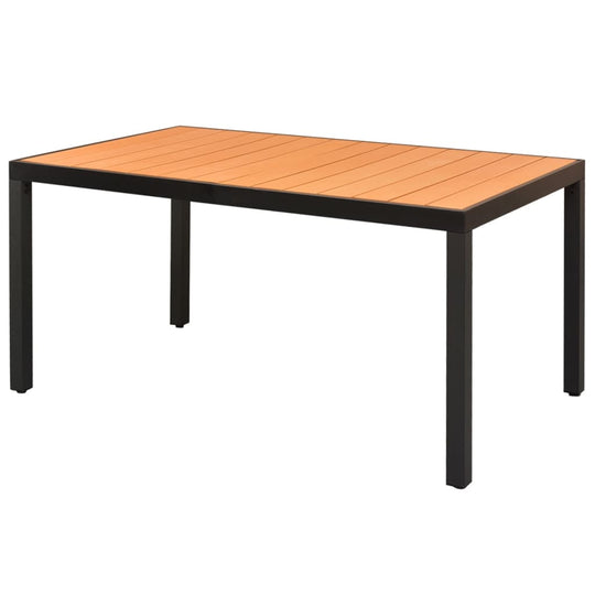 Brown garden table 150x90x74 cm, durable WPC top and sturdy aluminium frame, ideal for outdoor furniture use.