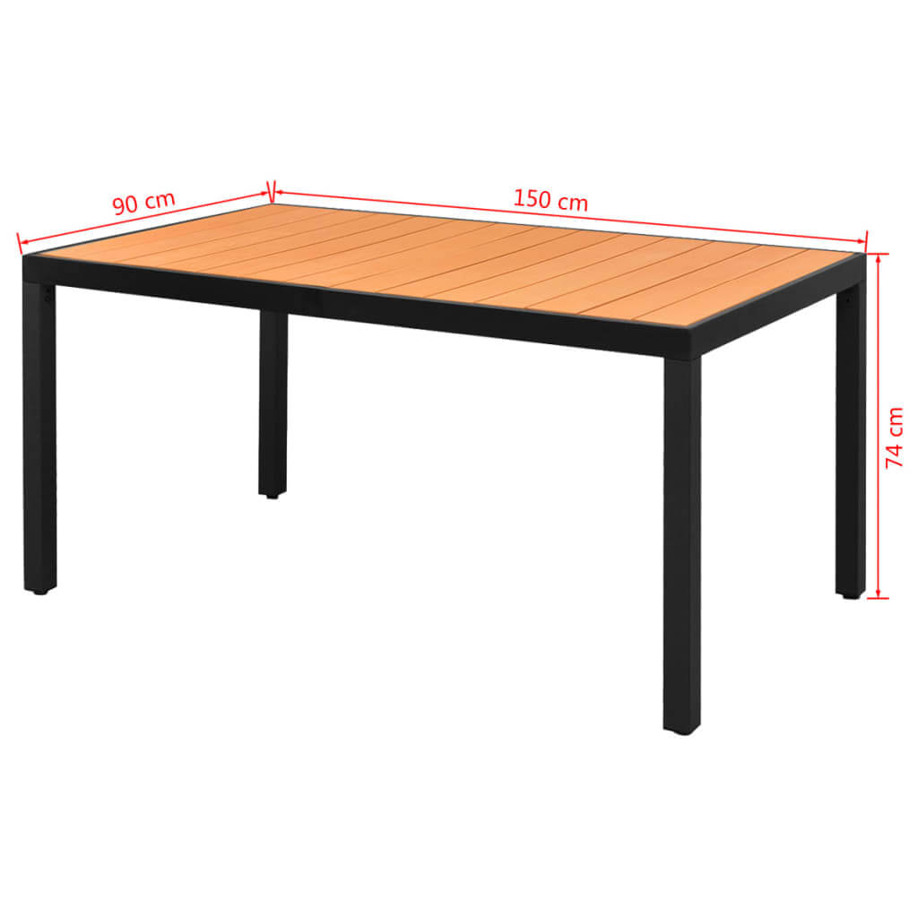 Garden table in brown WPC and aluminium, dimensions 150x90x74 cm, perfect for outdoor furniture and patio use.