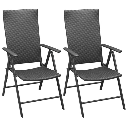 Set of 2 stackable black poly rattan garden chairs with adjustable backrests, perfect for outdoor furniture and terrace use.