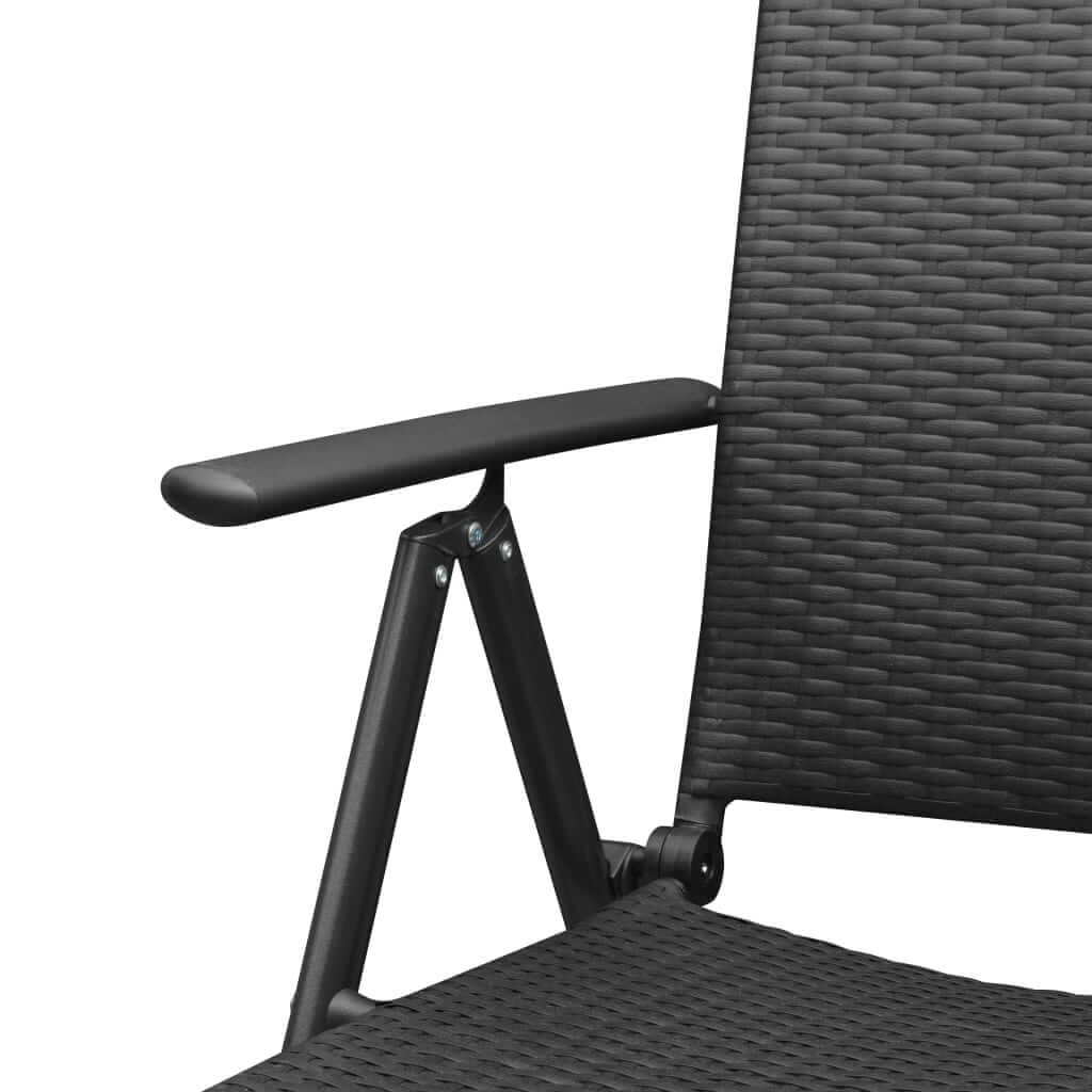 Close-up of stackable garden chair armrest, featuring durable PE rattan and sturdy aluminium frame for outdoor furniture.