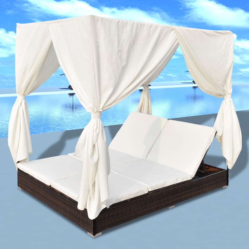 Outdoor Lounge Bed with Curtains Poly Rattan , Furniture -> Outdoor Furniture -> Outdoor Beds