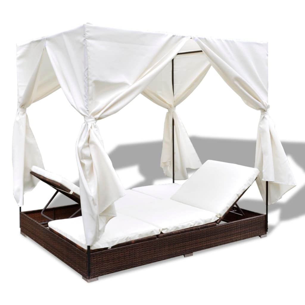 Outdoor Lounge Bed with Curtains Poly Rattan , Furniture -> Outdoor Furniture -> Outdoor Beds