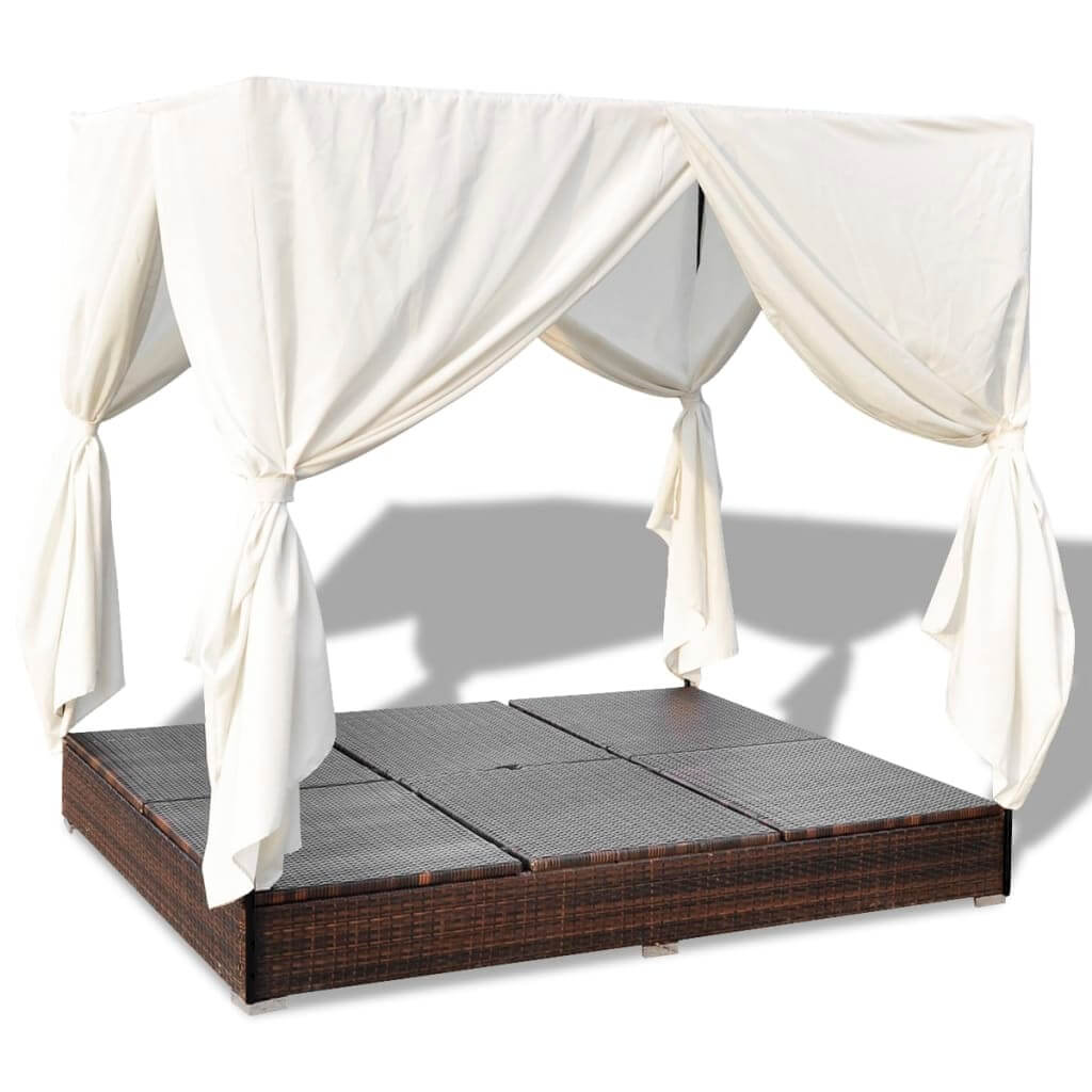 Outdoor Lounge Bed with Curtains Poly Rattan , Furniture -> Outdoor Furniture -> Outdoor Beds