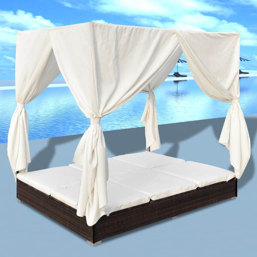 Outdoor Lounge Bed with Curtains Poly Rattan , Furniture -> Outdoor Furniture -> Outdoor Beds