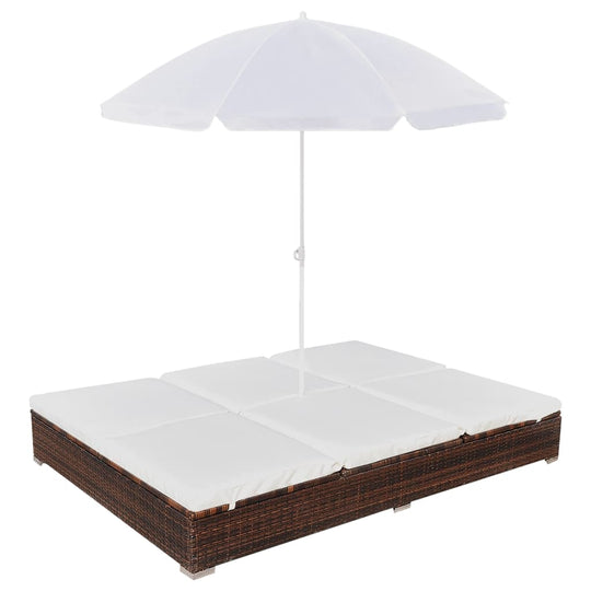 Outdoor poly rattan lounge bed with umbrella for patio, garden furniture set, weather-resistant, adjustable, home outdoor living space.