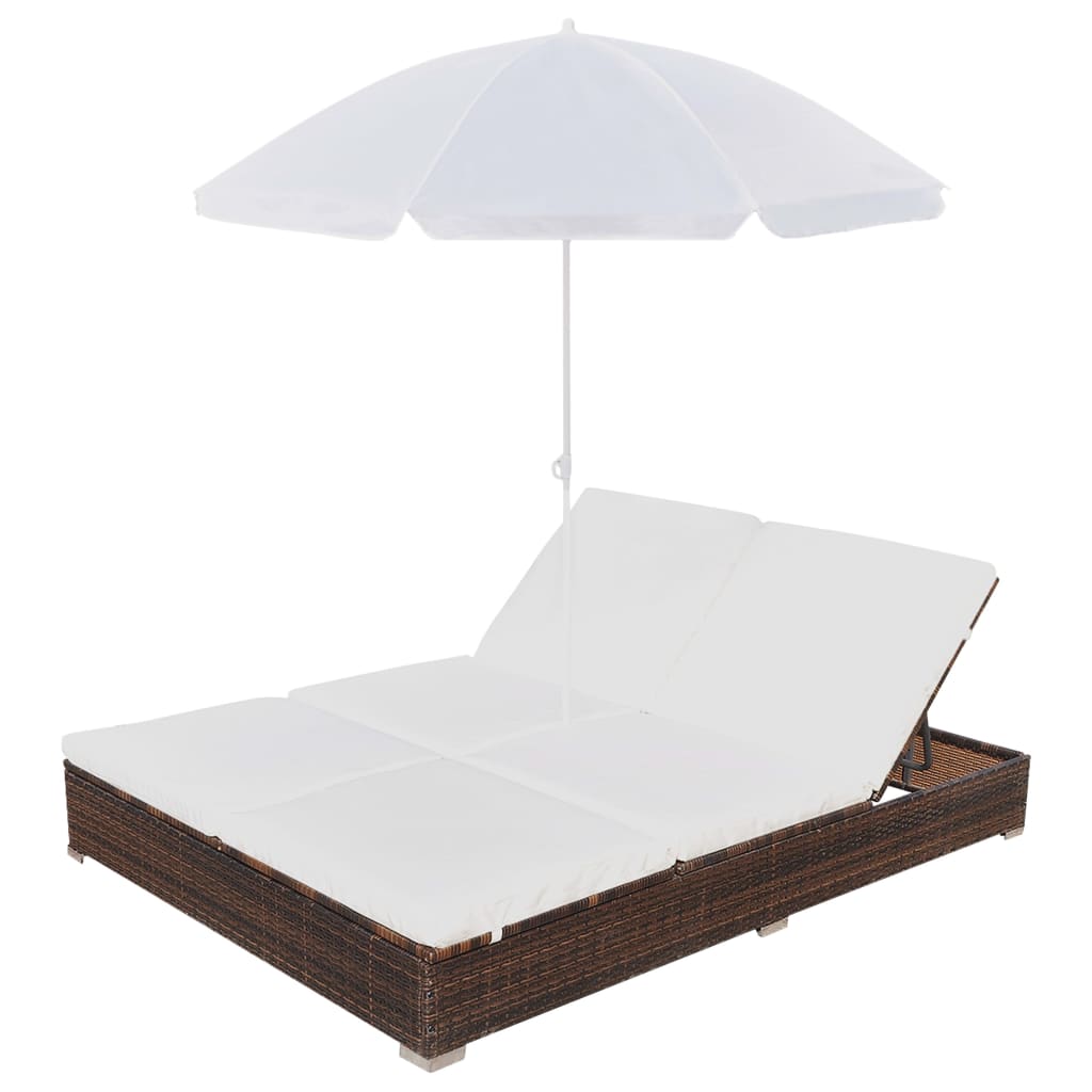 Outdoor lounge bed with umbrella, poly rattan, adjustable positions, perfect for patio or garden furniture, stylish and functional.