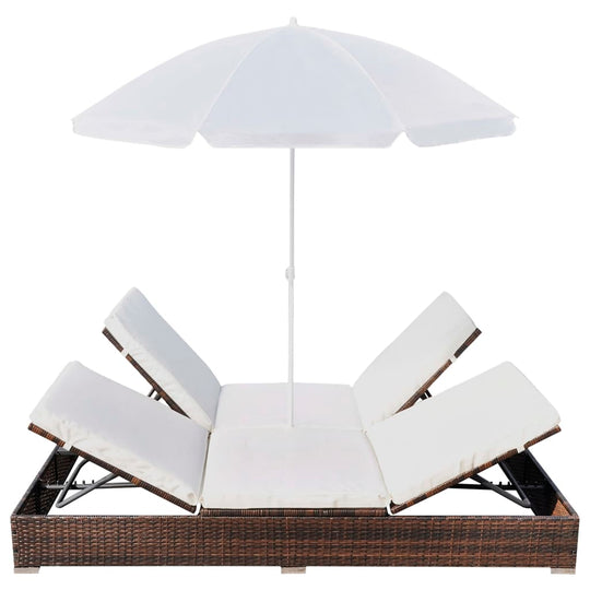 Outdoor lounge bed with umbrella, poly rattan design, perfect for gardens, patios, or balconies. Comfortable, stylish outdoor furniture.