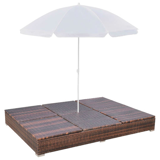 Outdoor lounge bed with umbrella in brown poly rattan, perfect for garden and patio furniture, featuring adjustable positions.