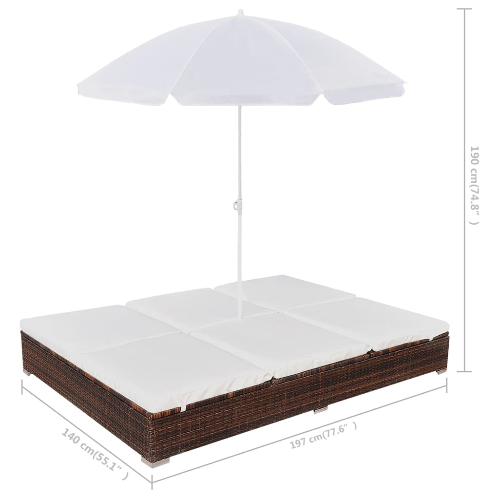 Outdoor lounge bed with umbrella, poly rattan, adjustable positions, waterproof for patio, garden furniture set, home outdoor space.