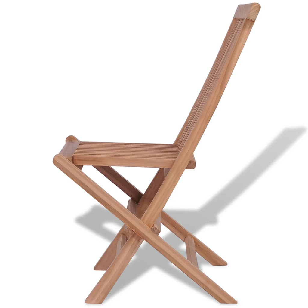 Side view of a folding garden chair made from solid teak wood, showcasing its stylish design for outdoor furniture.