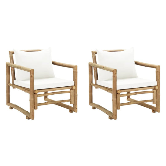 Bamboo garden chairs set of 2 with white cushions, perfect for outdoor furniture and lounging in style.