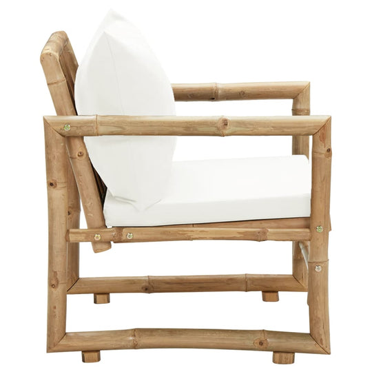 Bamboo garden chair with white cushion, perfect for outdoor lounge furniture and relaxing in the patio.