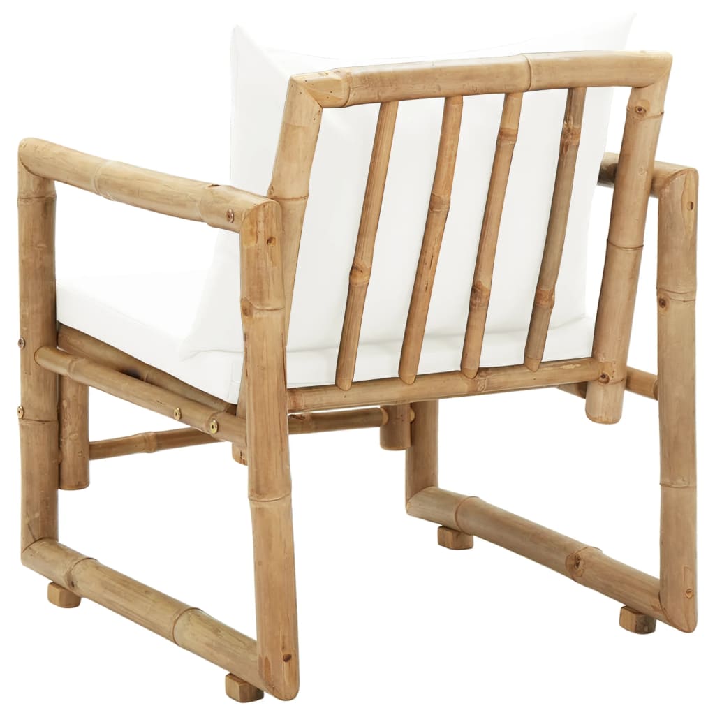 Bamboo garden chair with white cushion, showcasing classic design and durable weather-resistant construction for outdoor furniture.