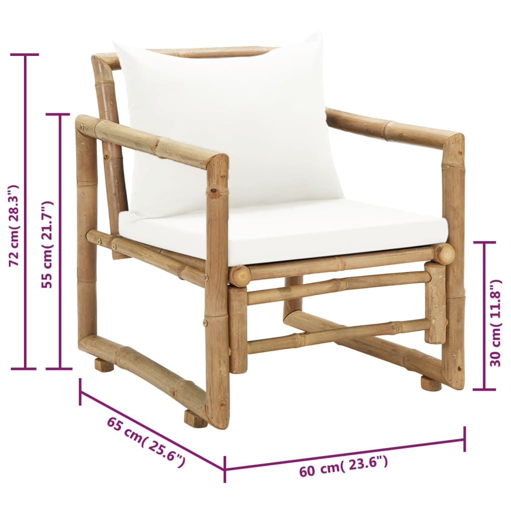 Bamboo garden chair with white cushions, dimensions: height 72cm, width 65cm, depth 60cm, perfect for outdoor relaxation.