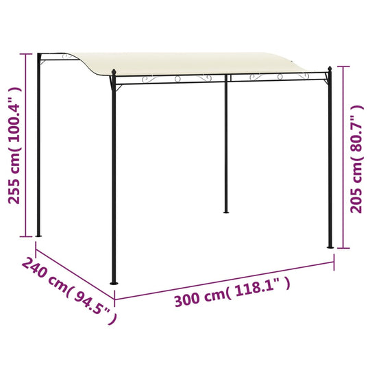 Cream white gazebo with steel frame dimensions of 300x240x255 cm, perfect for outdoor gatherings and sun protection.