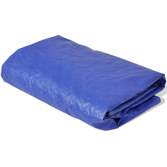 Folded blue polyethylene pool cover designed for round above-ground pools, lightweight and water-repellent.