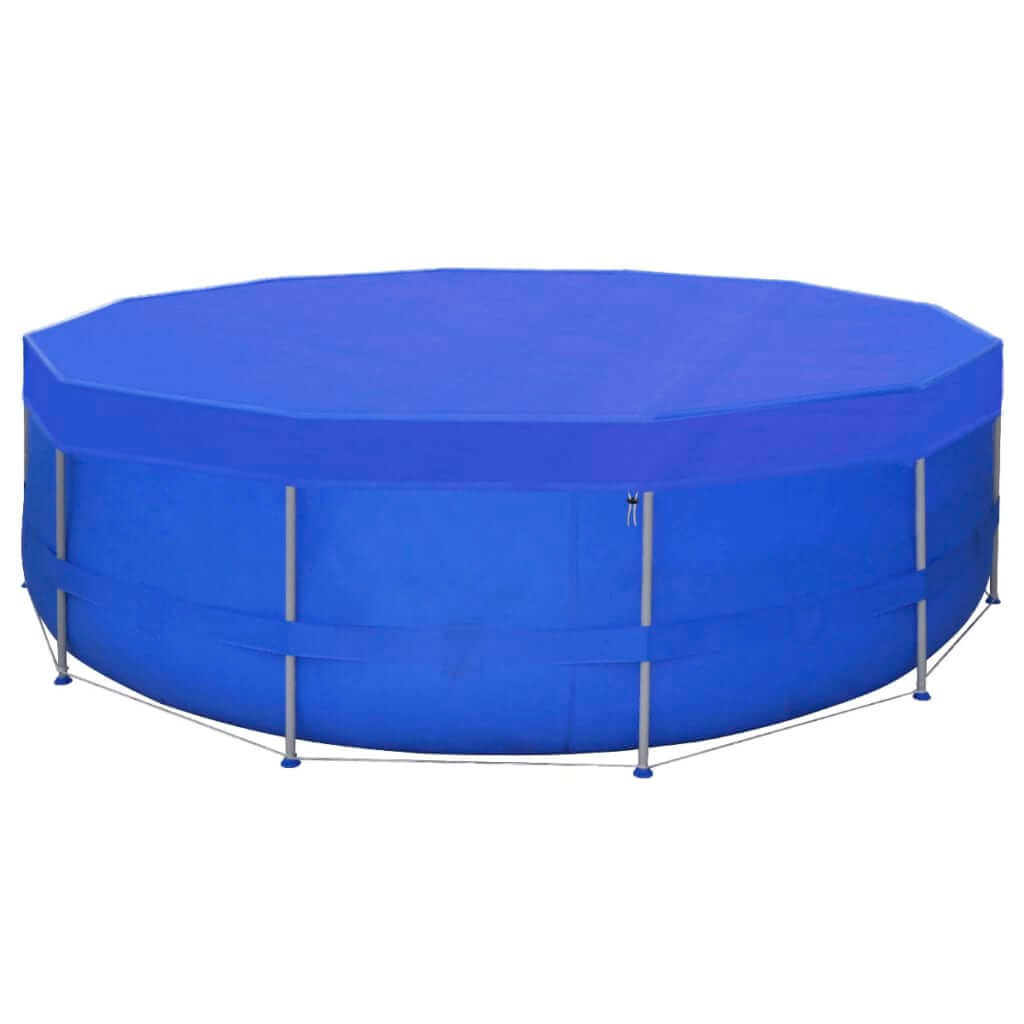 Blue round pool cover for above-ground swimming pools, made of durable polyethylene and designed for weather protection.