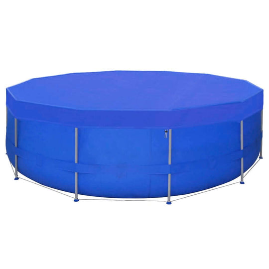 Blue round pool cover for above-ground swimming pools, made of durable polyethylene and designed for weather protection.