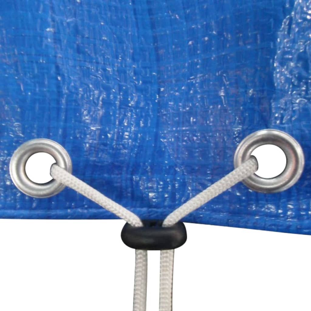 Close-up of blue polyethylene pool cover grommets and ropes for secure fastening during outdoor use.