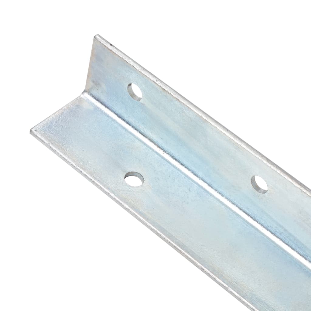 Close-up of a galvanised steel L-shaped bracket with holes, ideal for outdoor furniture and play tower anchoring.