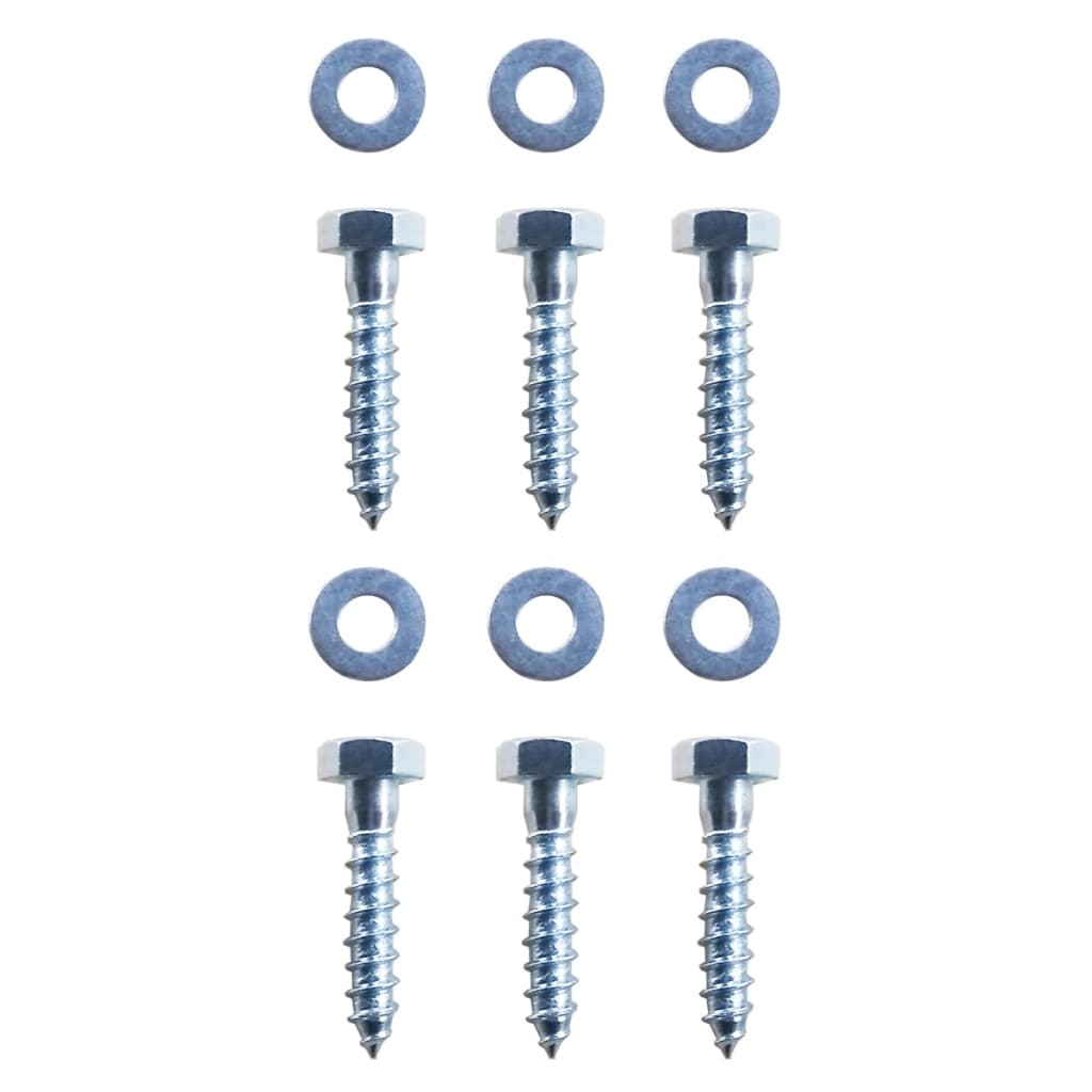 Set of 6 galvanized screws and washers for L-shaped ground anchors, ideal for securing outdoor furniture and structures.