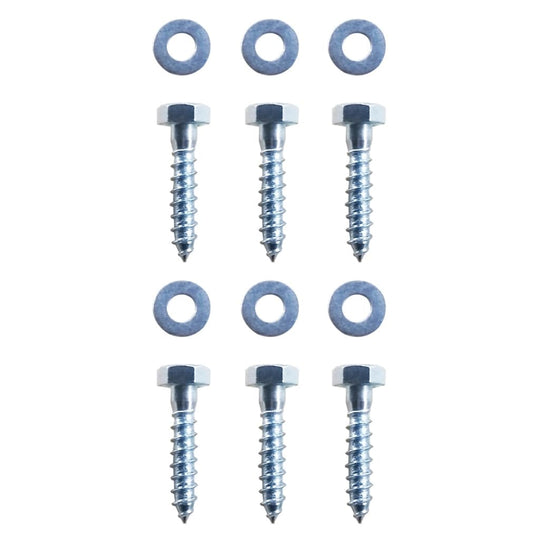 Set of 6 galvanized screws and washers for L-shaped ground anchors, ideal for securing outdoor furniture and structures.