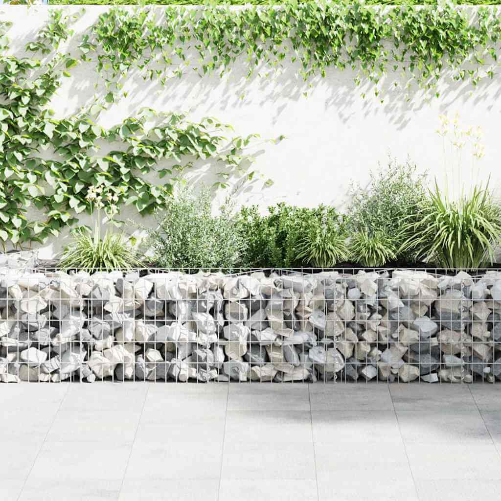 Gabion Basket Galvanised Steel 300x30x50 cm used as a stylish planter with lush greenery.